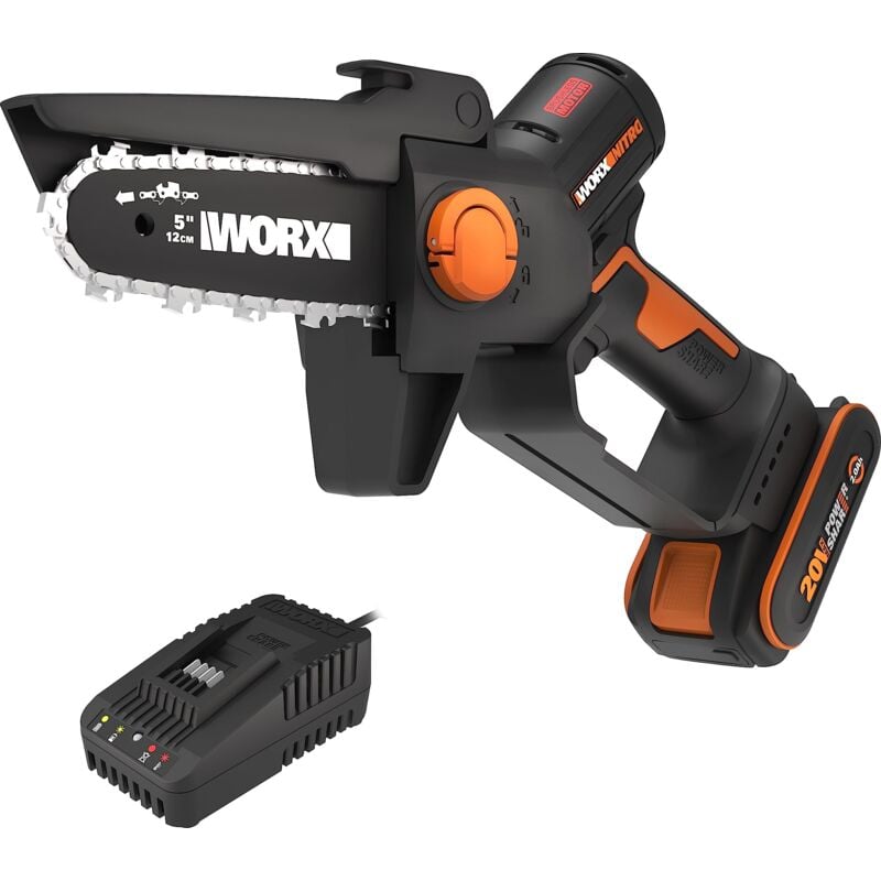 foto del prodotto nitro wg325e mini motosega potatore a batteria, motore brushless, lubrificazione automatica, leggera e compatta, motosega elettrica, powershare 20v,