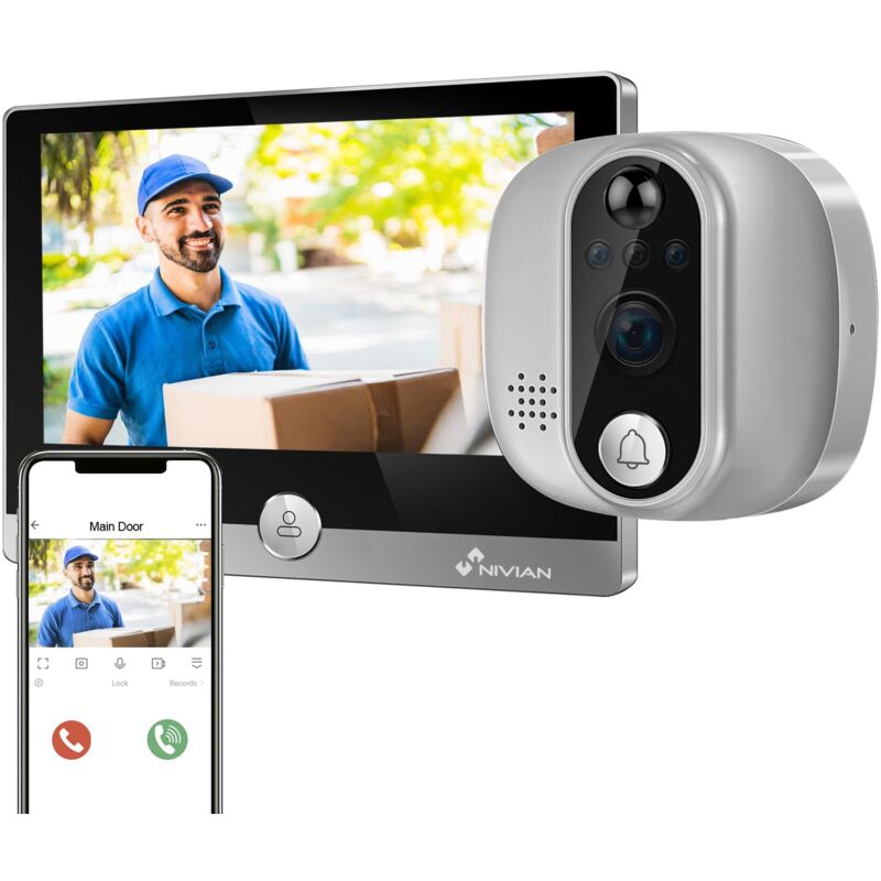 foto del prodotto nivian spioncino digitale wifi videocamera full hd con batteria e campanello, audio bidirezionale, rilevamento pir e visione notturna app e