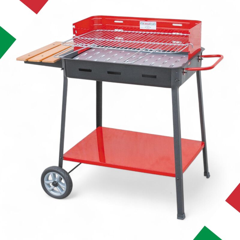 foto del prodotto no brand barbecue bbq a carbonella con ruote griglia regolabile acciaio verniciato smaltato ripiano laterale legno 60x40x85cm