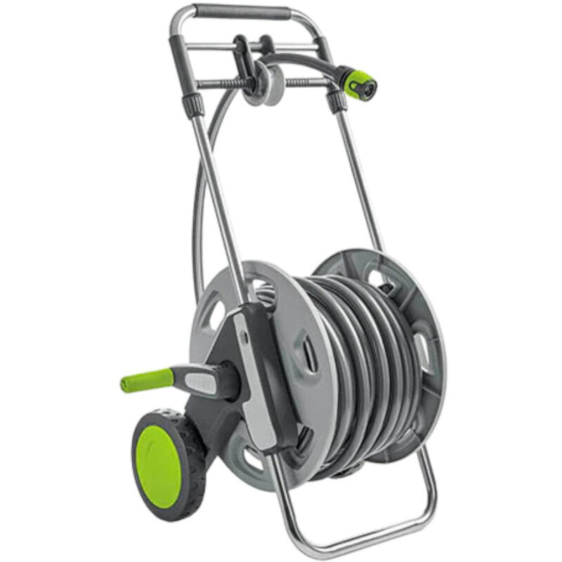 foto del prodotto no brand carrello avvolgitubo da giardino in metallo con sistema guida tubo completo di pistola raccordi e tubo 30 mt