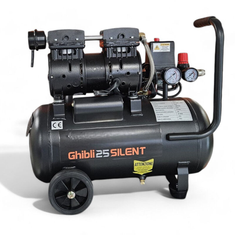 foto del prodotto no brand compressore carrellato silenziato 25 litri con serbatoio lubrificato ad olio e funzione automatica 8 bar