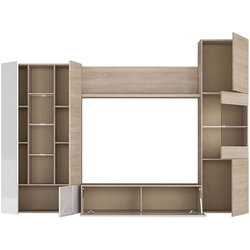 foto del prodotto no brand parete attrezzata, mobile da soggiorno porta tv modulare, composizione salotto con pensili e vetrine e luce led, cm 260x42h185, rovere e
