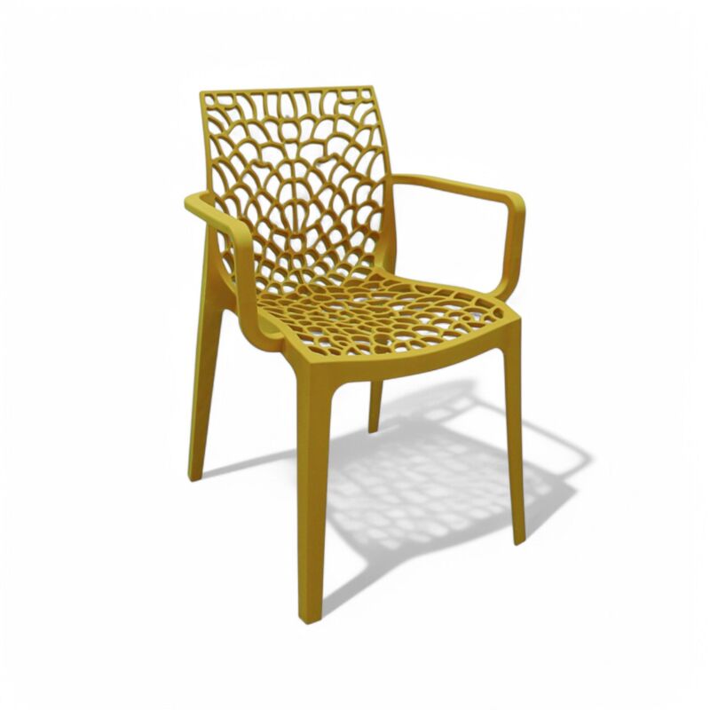 foto del prodotto no brand sedia poltrona impilabile da esterno in resina con schienale decorato design moderno tape giallo