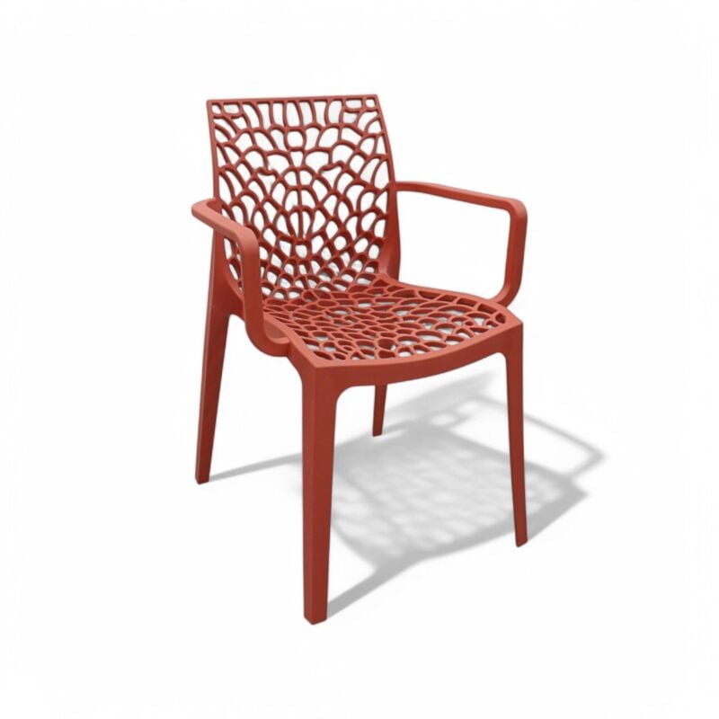 foto del prodotto no brand sedia poltrona impilabile da esterno in resina con schienale decorato design moderno tape rosso