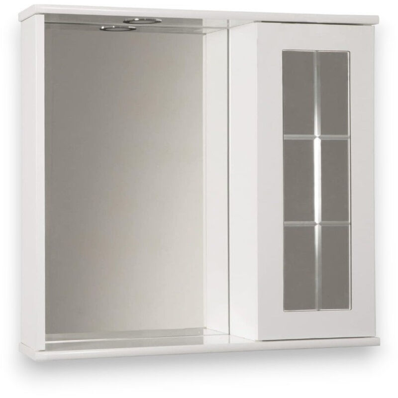 foto del prodotto no brand specchiera bagno mobiletto pensile in legno bianco laccato con anta a specchio stile inglese con luce led ed interruttore sally