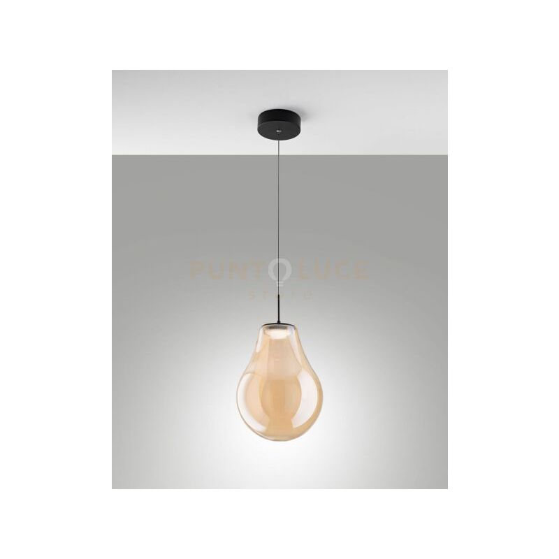foto del prodotto noa sospensione ambra 1 luce in vetro attacco led cct 14w 1510 lm 2700k 3000k 4000k dimmerabile