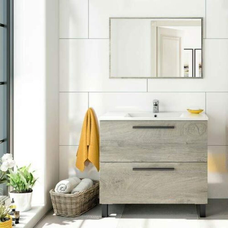 foto del prodotto non - mobile sottolavabo, mobiletto per bagno a 2 cassetti, armadietto sospeso con specchio, lavabo incluso, cm 80x45h80, rovere