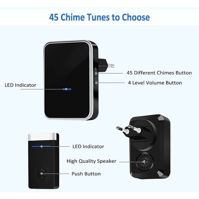 foto del prodotto non richiede batterie campanello senza fili, campanello elettronico impermeabile con 2 ricevitori plug in, portata 150 m, 45 melodie a 4 livelli di