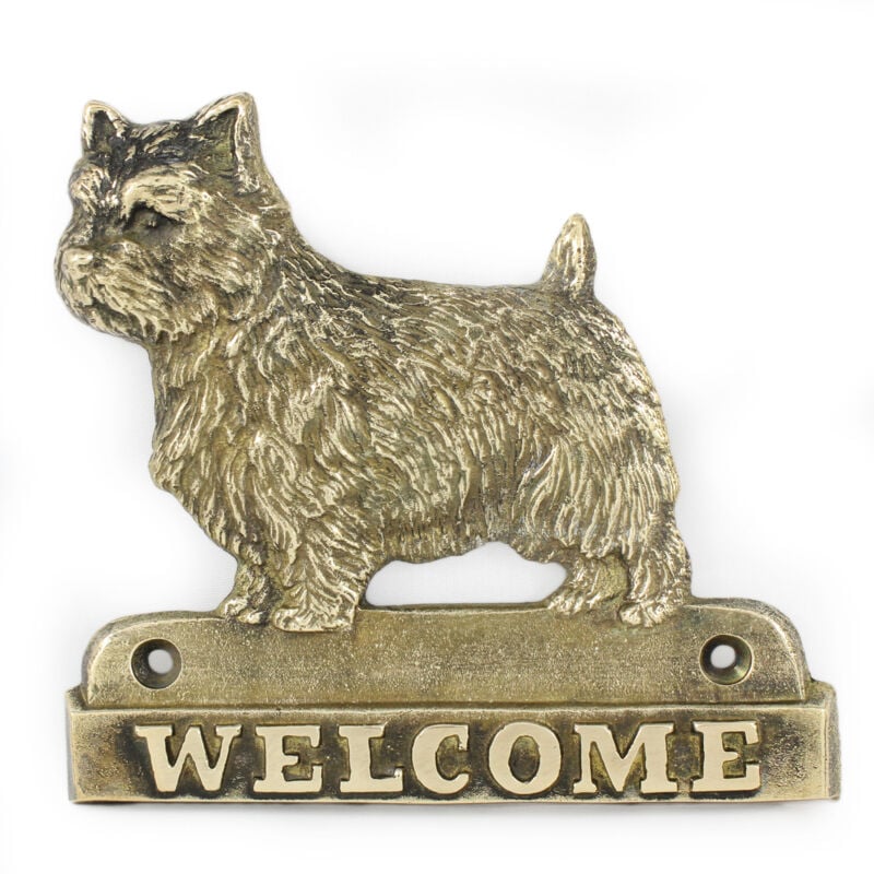 foto del prodotto norwich terrier cartello porta con un cane, targa di benvenuto in ottone, cartello unico con la parola welcome di art dog
