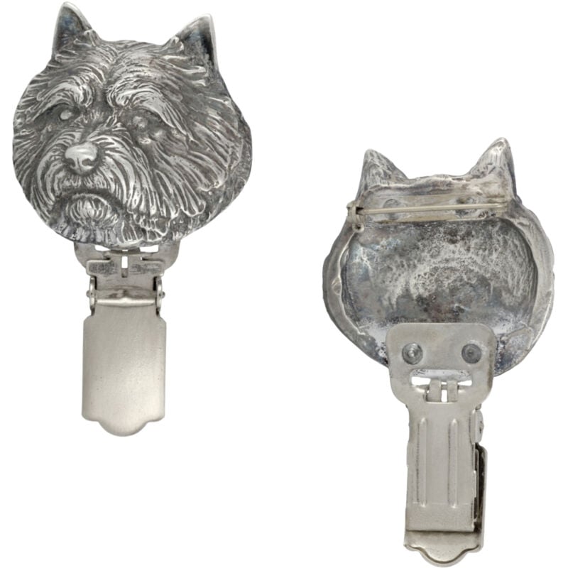 foto del prodotto norwich terrier spilla con clip, porta numero di partenza, distintivo argentato per esposizioni canine di art dog