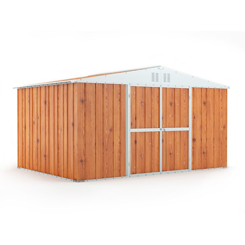 foto del prodotto notek casetta in lamiera zincata con porta a doppia anta 403x269cm x h 215cm 149kg 10,84mq colore effetto legno