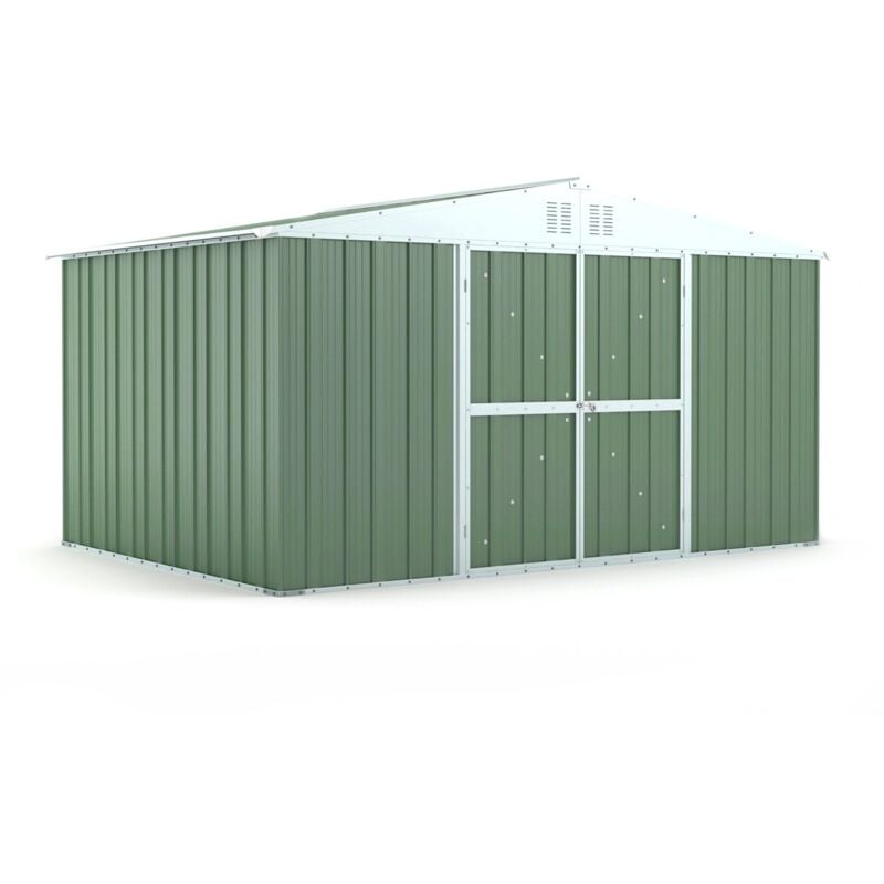 foto del prodotto notek casetta in lamiera zincata con porta a doppia anta 403x269cm x h 215cm 149kg 10,84mq colore verde