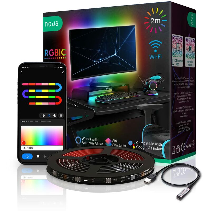foto del prodotto nous f9 2m rgbic led retroilluminazione tv, retrofit tv ambilight, striscia rgbic wifi, natale, striscia 2m, smart home tuya smart life, alexa google