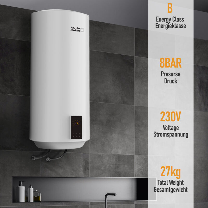 foto del prodotto nova aquamarin scaldabagno elettrico 100 litri, smart, temp max 75 c, 230v, anticalcare, 2 kw, verticale, murale, acciaio smaltato, bianco