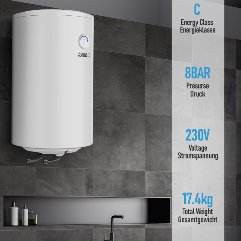 foto del prodotto nova aquamarin scaldabagno elettrico 50 litri, anticalcare, max. temp 75 c, 220 240v, potenza 1,5 kw, verticale, murale, serbatoio in acciaio