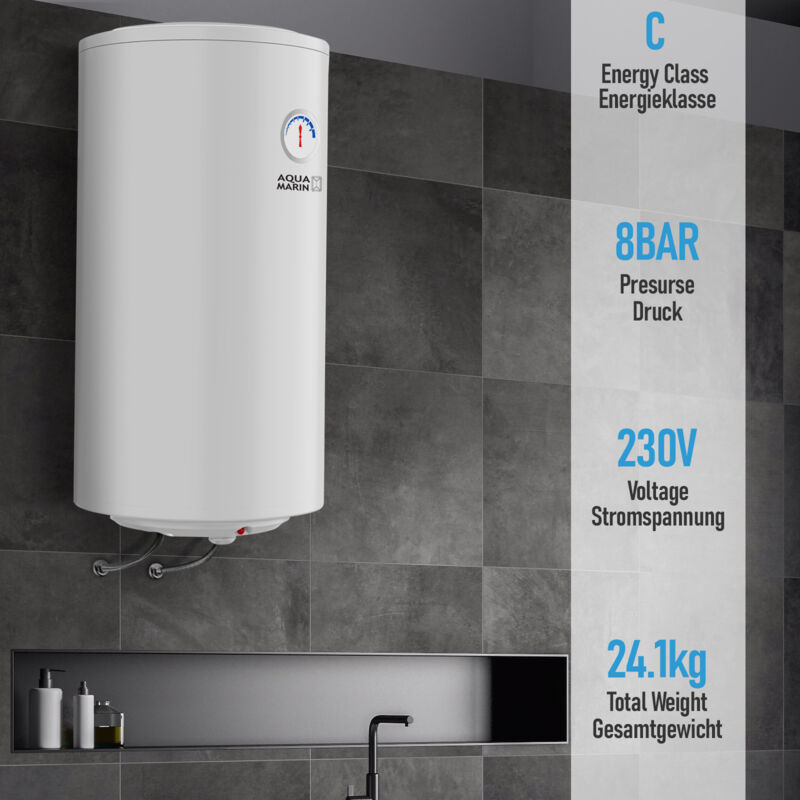 foto del prodotto nova aquamarin scaldabagno elettrico 80 litri, anticalcare, max. temp 75 c, 230v, potenza 1,5 kw, verticale, murale, serbatoio in acciaio