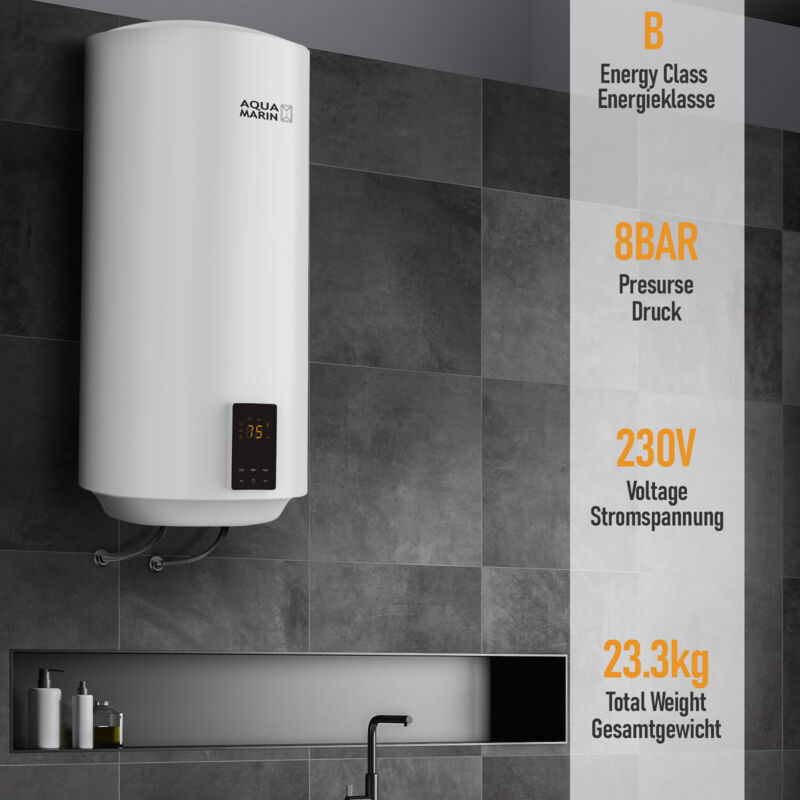 foto del prodotto nova aquamarin scaldabagno elettrico 80 litri, smart, temp max 75 c, 230v, anticalcare, 2 kw, verticale, murale, acciaio smaltato, bianco