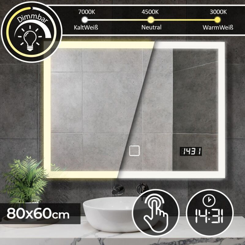 foto del prodotto nova aquamarin specchio a led rettangolare 80 x 60 cm, cee a , controllo tattile, controluce 3in1 bianca fredda, calda, neutra, con orologio