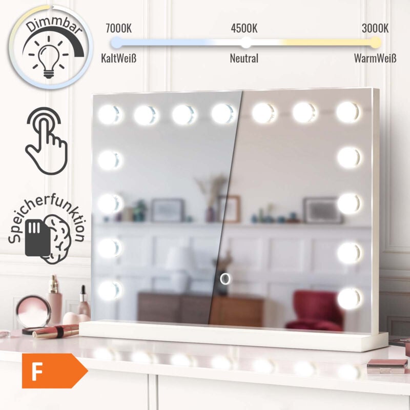 foto del prodotto nova aquamarin specchio hollywood con 15 lampadine led dimmerabili, 3 colori di luce, controllo tattile, specchio cosmetico da tavolo parete