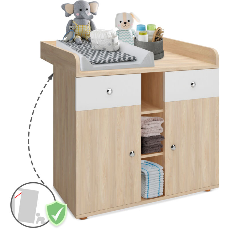 foto del prodotto nova infantastic mobile fasciatoio 90 x 69 x 92 cm, 2 cassetti, 3 ripiani aperti e 2 scomparti con ante, in mdf robusto, quercia fasciatoio