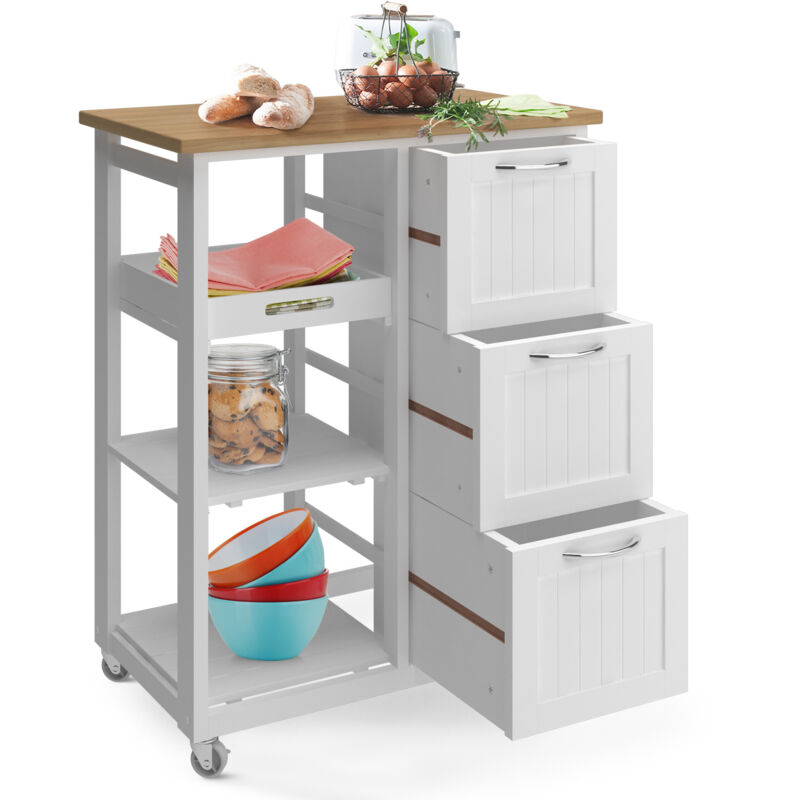 foto del prodotto nova miadomodo carrello da cucina con ruote legno di pino, 67x37x87,5 cm, 3 ripiani e 3 cassetti carrello di servizio, credenza da cucina,
