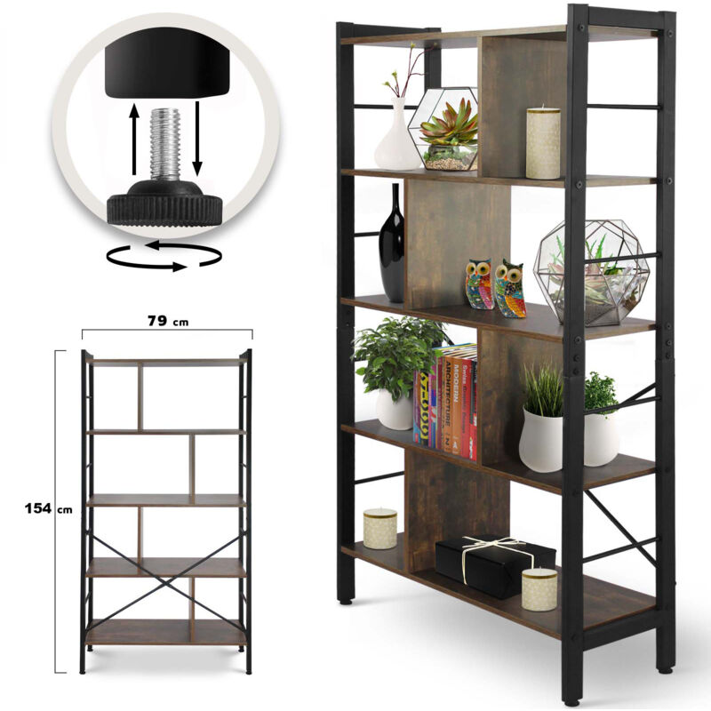 foto del prodotto nova miadomodo libreria industriale, 79 x 30 x 154 cm, a 4 ripiani, bifacciale, divisoria, telaio in ferro, marrone vintage e nero scaffale,