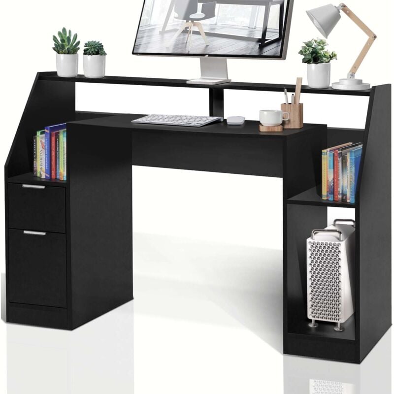 foto del prodotto nova miadomodo scrivania per pc 123 x 55 x 90 cm, con ripiani, cassetto, armadietto e scomparto aperto, in mdf, design moderno, nero tavolo