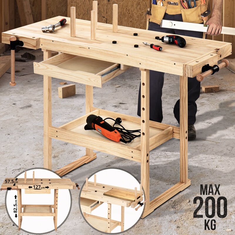 foto del prodotto nova timbertech tavolo da falegname in legno di pino, con cassetto e ripiano, 2 morsetti, 4 pioli, portata massima 200kg banco da lavoro, da