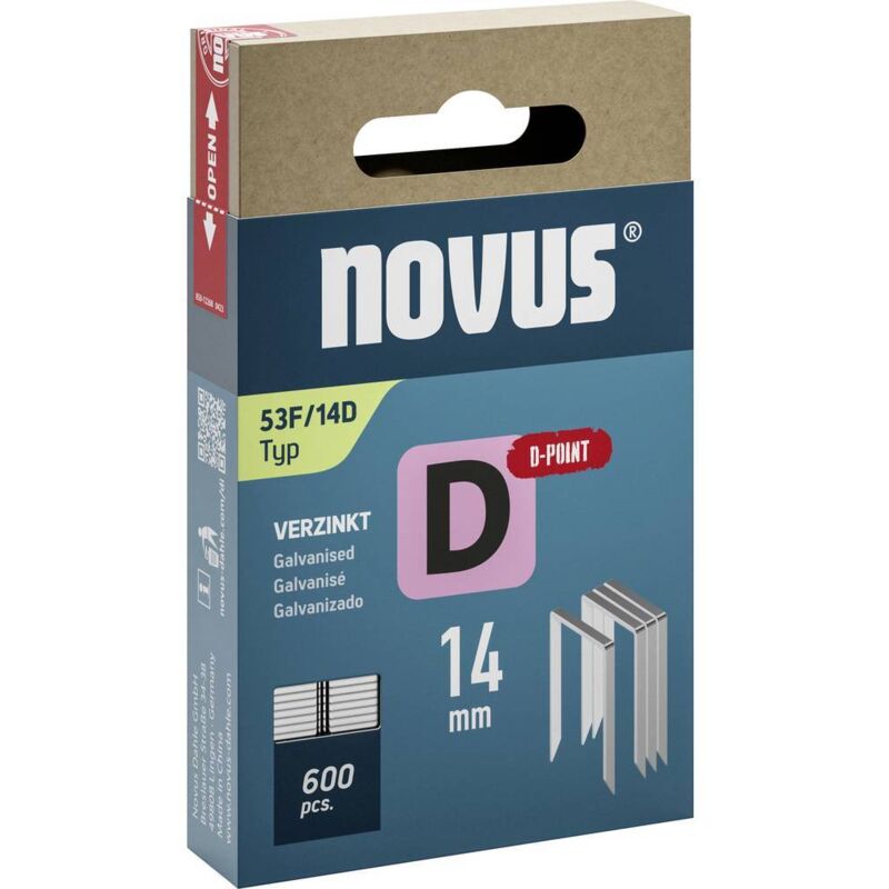 foto del prodotto novus tools 042 0793 graffette filo piatto tipo 53f 600 pz. dimensioni l x l 14 mm x 11.3 mm