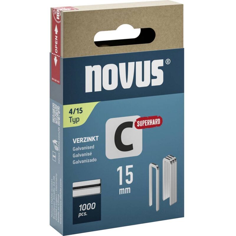 foto del prodotto novus tools 042 0801 graffette a dorso stretto tipo 4 1000 pz. dimensioni l x l 15 mm x 6.1 mm