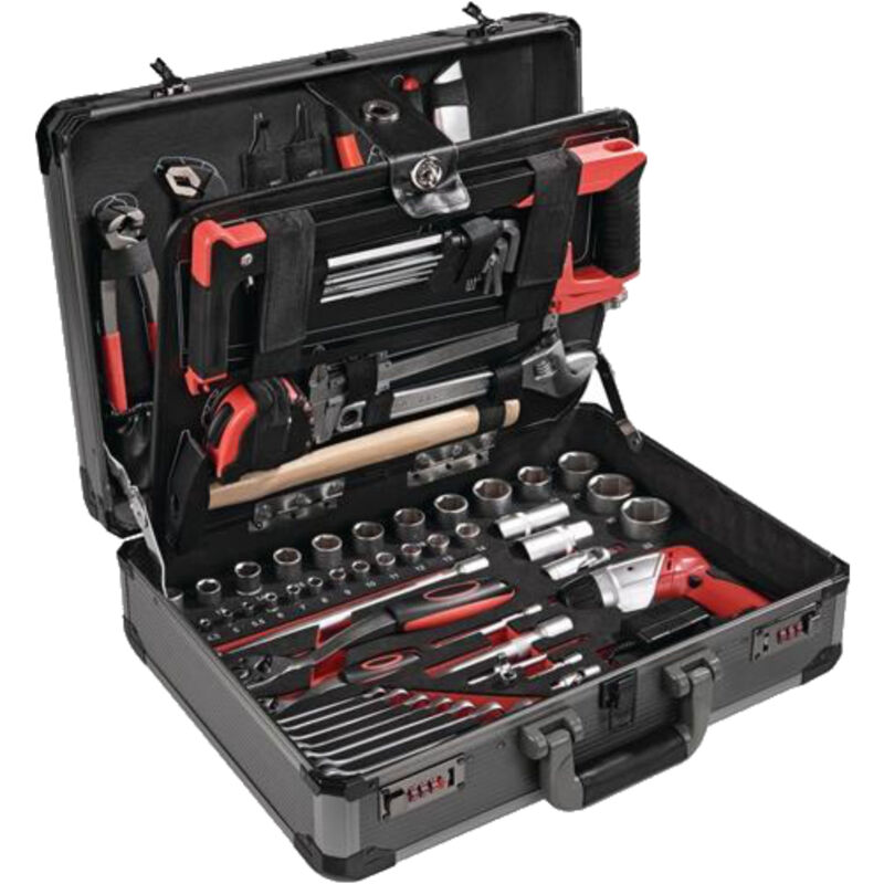 foto del prodotto now assortimento di utensili 136 pezzi in valigetta di alluminio, incluso cacciavite a batteria