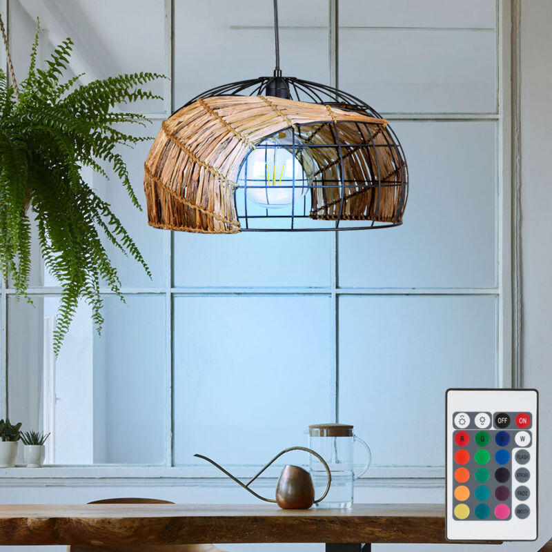 foto del prodotto nowa lampada a sospensione a led dimmerabile con telecomando, plafoniera per soggiorno, sala da pranzo, intreccio d erba chiaro, cambio colore rgb,