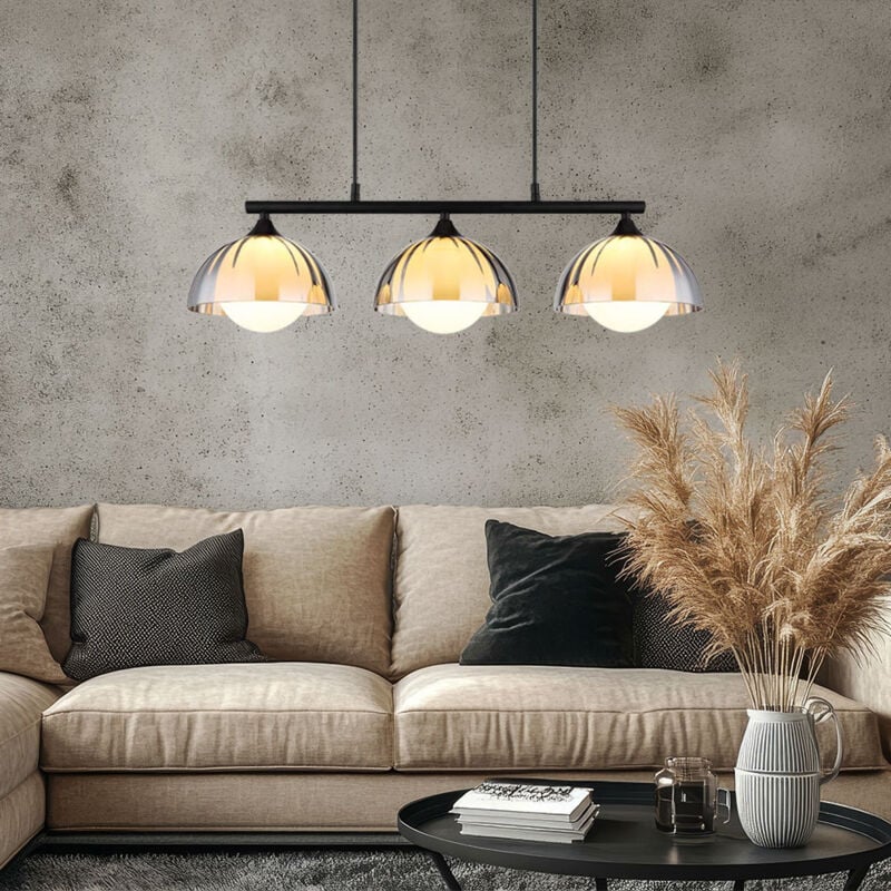 foto del prodotto nowa lampada a sospensione in vetro fum lampada a sospensione in vetro opalino fum lampada da sala da pranzo nera, metallo, 3x prese g9, lxlxh