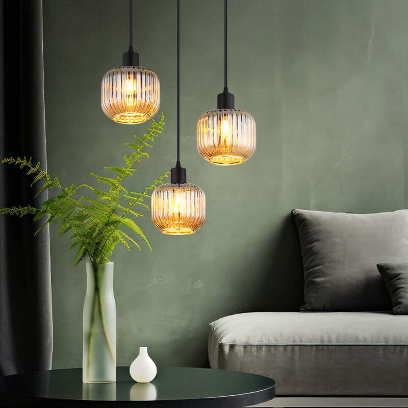 foto del prodotto nowa lampada a sospensione in vetro fum per sala da pranzo nero opaco lampada a sospensione a 3 luci, metallo, 3x prese e14, dxh 41,8x120 cm