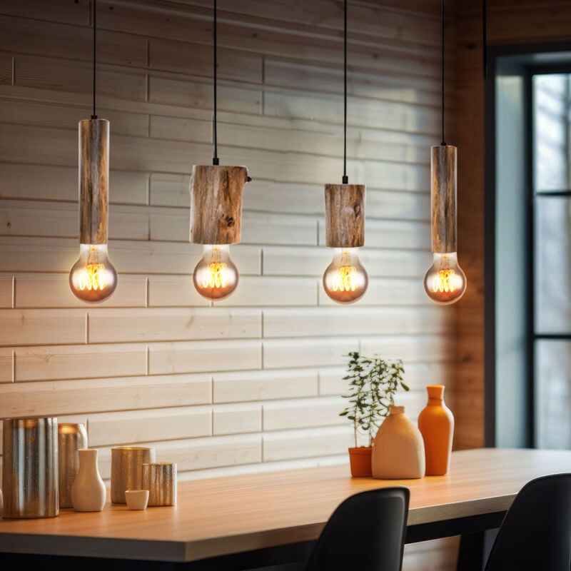 foto del prodotto nowa lampada a sospensione lampada a sospensione in legno lampada da soffitto vintage cucina, metallo nero eucalipto, 4 luci, h 150 cm, sala da