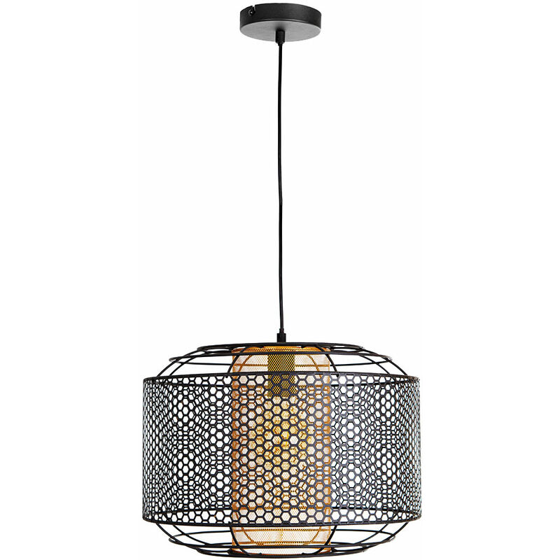 foto del prodotto nowa lampada a sospensione, lampada da tavolo da pranzo, lampada da soggiorno, lampada da cucina, griglia metallica nera, cilindro color oro, 1x