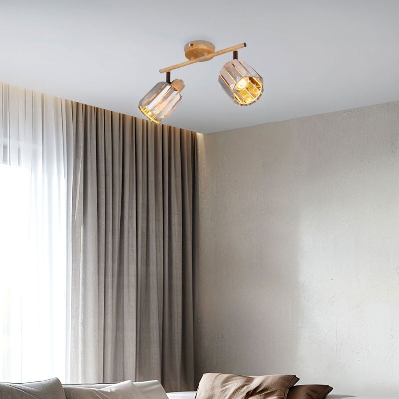 foto del prodotto nowa plafoniera cristalli 2 fiamme faretto cristalli fumo lampada da soffitto effetto legno, 2x prese e14, lxlxh 33x9x15 cm