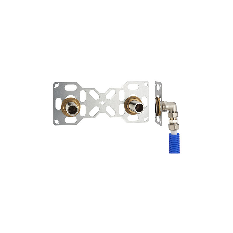 foto del prodotto noyon thiebault fixsystem doppio kit completo per il fissaggio di un rubinetto a parete con interasse di 150 mm gomiti di alimentazione a