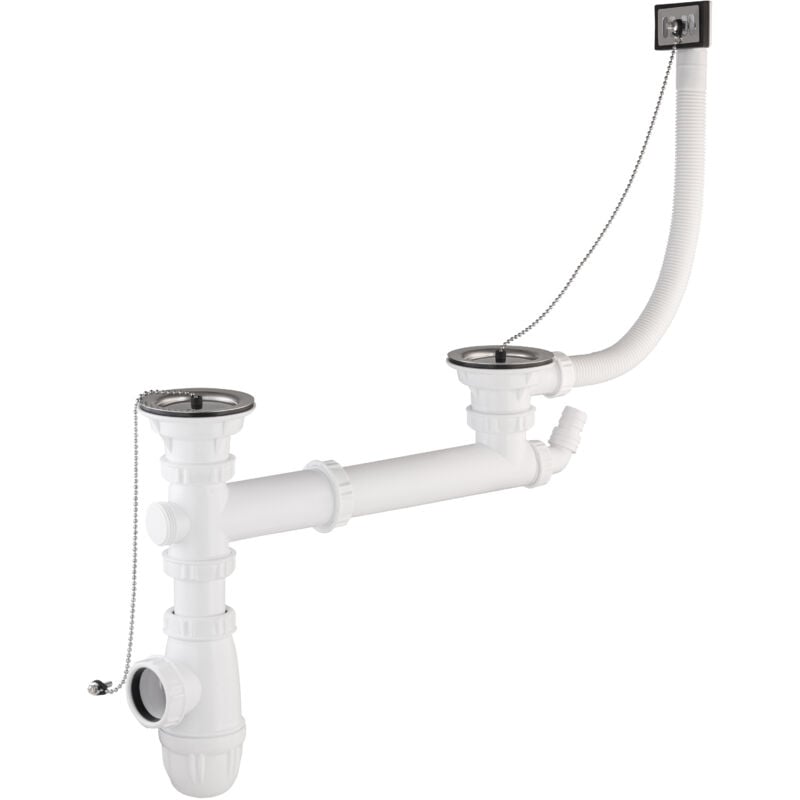foto del prodotto noyon thiebault scarico completo per lavello in acciaio inox a 2 vasche, con troppo pieno, 60, uscita 40, interasse regolabile da 156 a 260 mm
