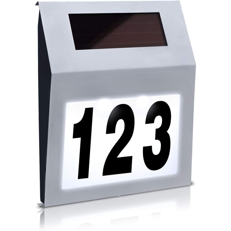 foto del prodotto numero civico solare con luce a led illuminata con 2 led, numero civico in acciaio inox, numero civico illuminato a led, lampada da parete a led