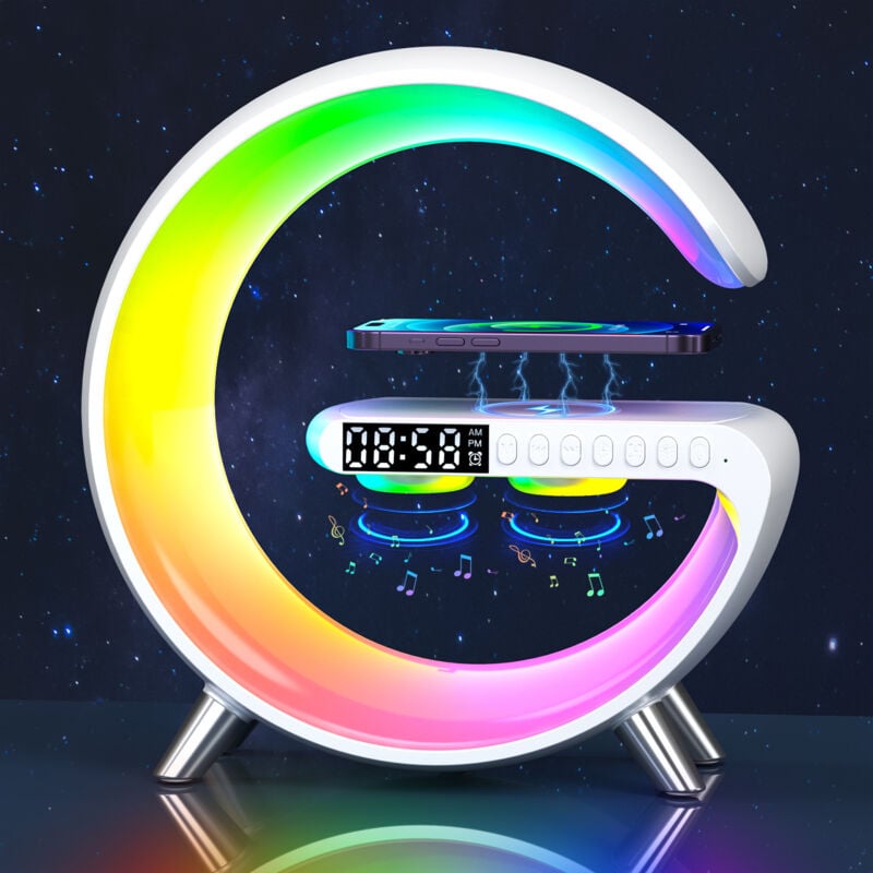 foto del prodotto nuova lampada da scrivania intelligente, lampada d atmosfera con caricabatterie wireless, altoparlante bluetooth, luce notturna regolabile con