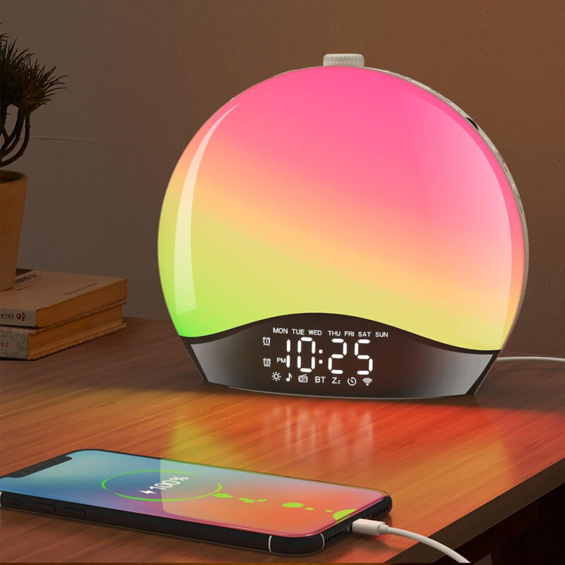 foto del prodotto nuova luce sveglia intelligente con lampada da comodino colorata, simulazione di alba e tramonto, luce sveglia con musica, bluetooth