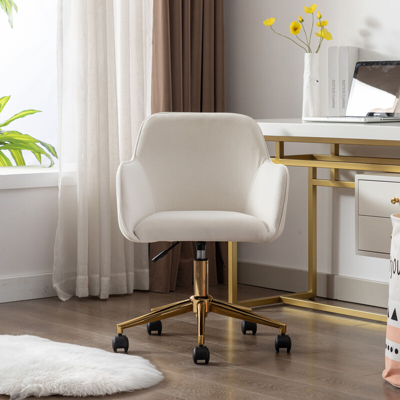 foto del prodotto nuova sedia da ufficio girevole in altezza regolabile in tessuto di velluto per ufficio interno con gambe dorate, bianco avorio okwish bianco avorio