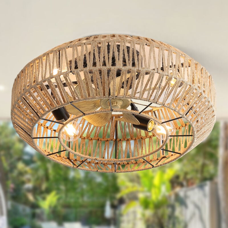 foto del prodotto nuovo ventilatore da soffitto a gabbia in stile boh mien da 22 pollici con rattan chiuso, 6 velocit , 7 pale, telecomando, motore dc reversibile per