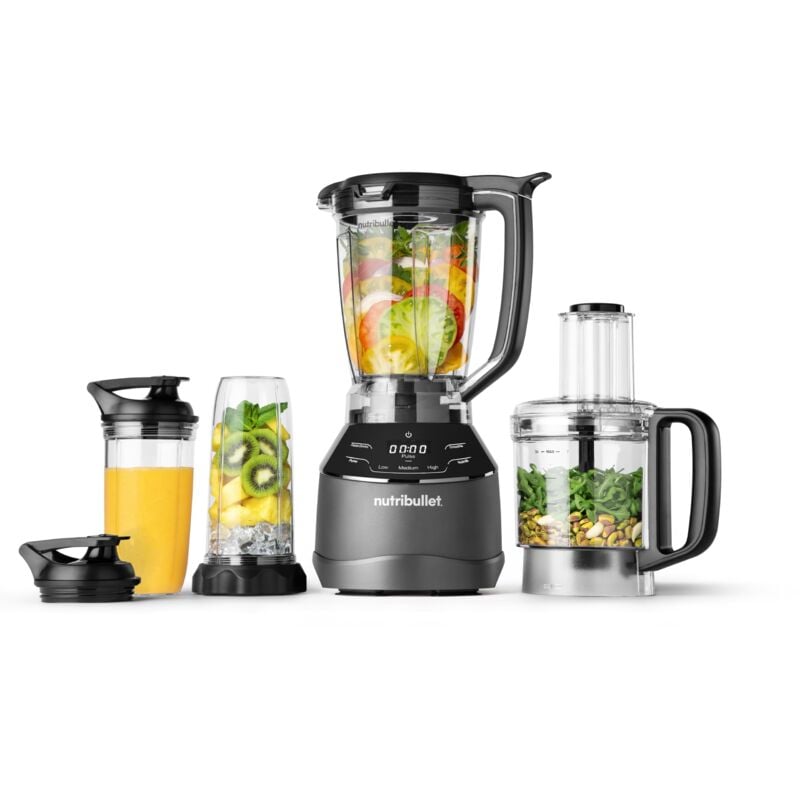 foto del prodotto nutribullet triple prep, robot da cucina, frullatore multifunzione, potenza 1500w, caraffa 1.8l, ciotola robot da 1,6l, disco per affettare e