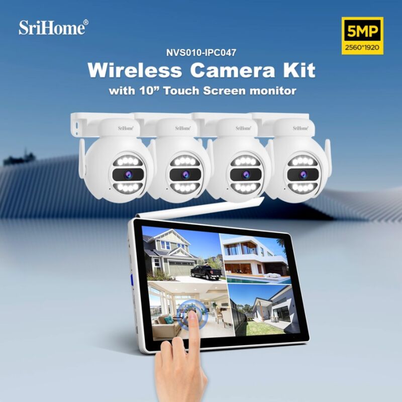 foto del prodotto nvs010 srihome kit video sorveglianza wifi 4 telecamere 5mp con monitor 10.1 