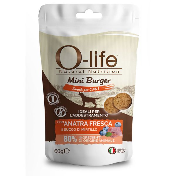 foto del prodotto o life adult mini burger grain free snack per cani 60 gr anatra e mirtilli 1 ordine scegli lo sconto bzr5 bzr20 200 punti fedelt 