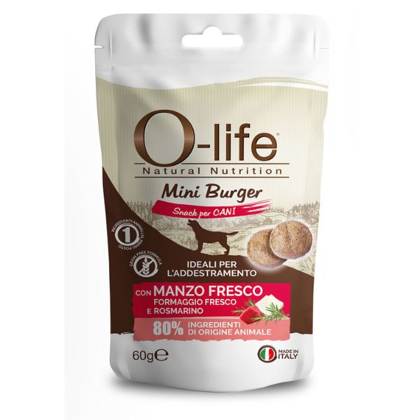 foto del prodotto o life adult mini burger grain free snack per cani 60 gr manzo, formaggio e rosmarino 1 ordine scegli lo sconto bzr5 bzr20 200 punti fedelt 