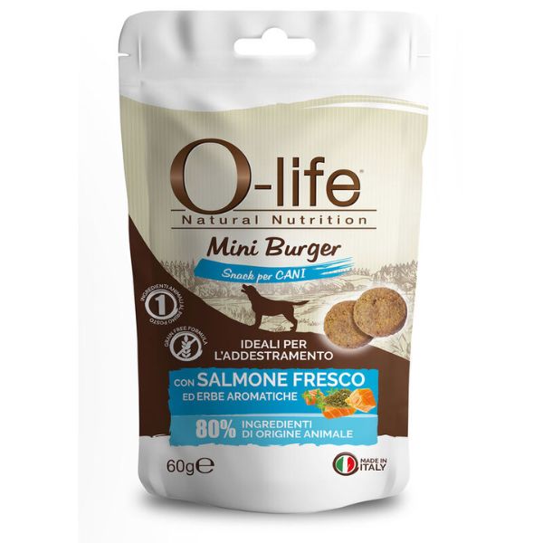 foto del prodotto o life adult mini burger grain free snack per cani 60 gr salmone ed erbe aromatiche 1 ordine scegli lo sconto bzr5 bzr20 200 punti fedelt 