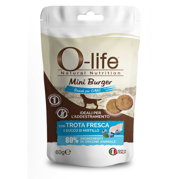 foto del prodotto o life adult mini burger grain free snack per cani 60 gr trota e mirtilli 1 ordine scegli lo sconto bzr5 bzr20 200 punti fedelt 